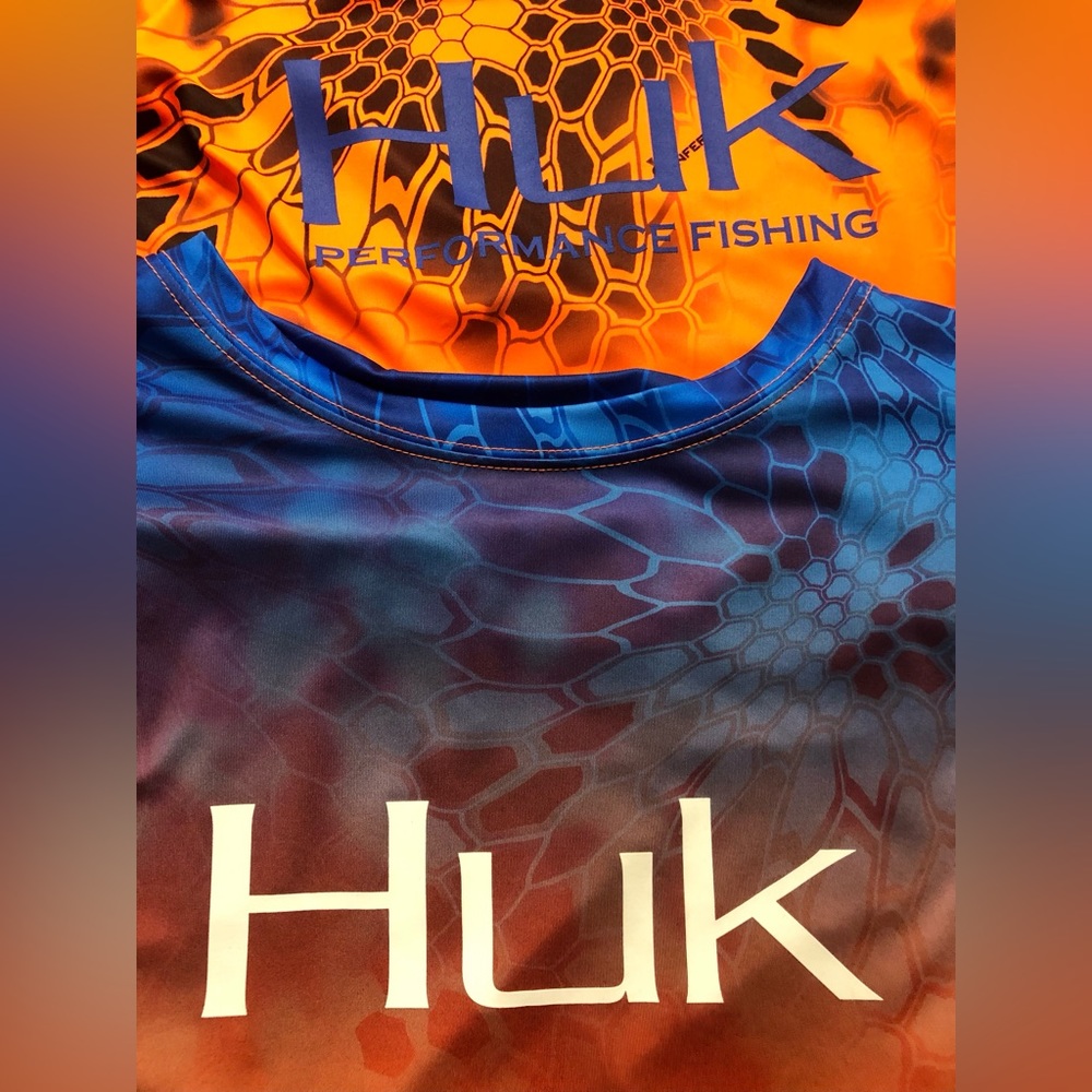 Lot of 2 Huk Performance Fishing Shirts Long Sleeve Neon Orange, Blue Men's XXL